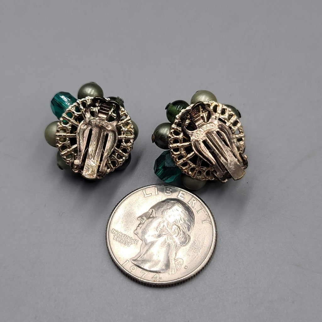 Vintage Green Glass Cluster Bead Clip on Earrings Japan 3/4"