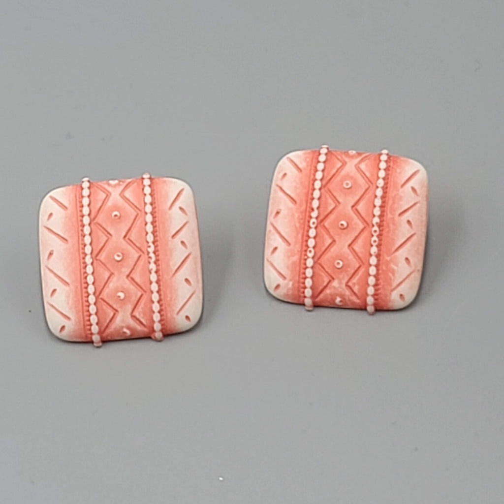 Vintage Salmon Pink White Pierced Earrings Embossed Square Drop 1"