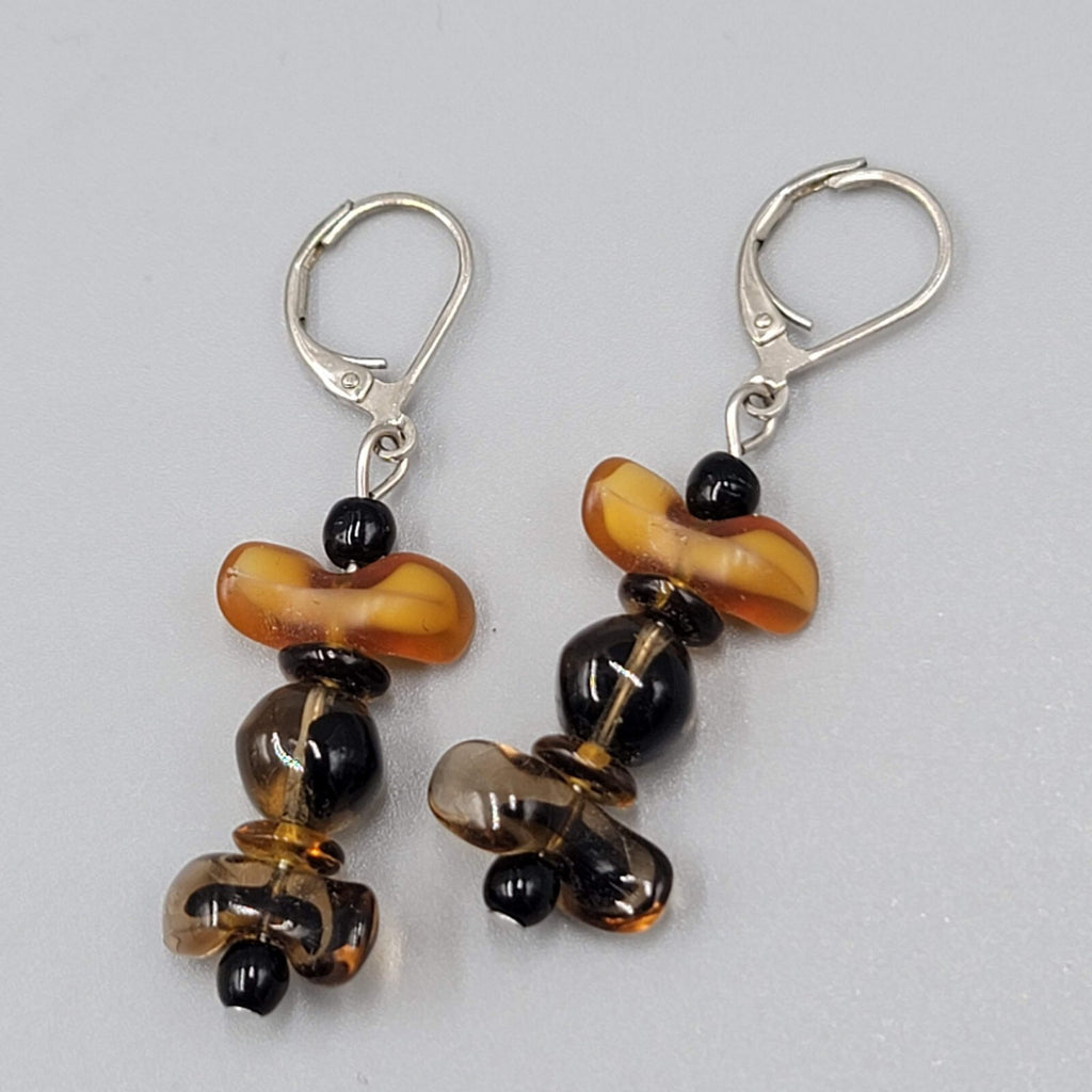 Glass Bead Pierced Earrings Variegated Browns Leverback Dangle Silver tone 1.25"