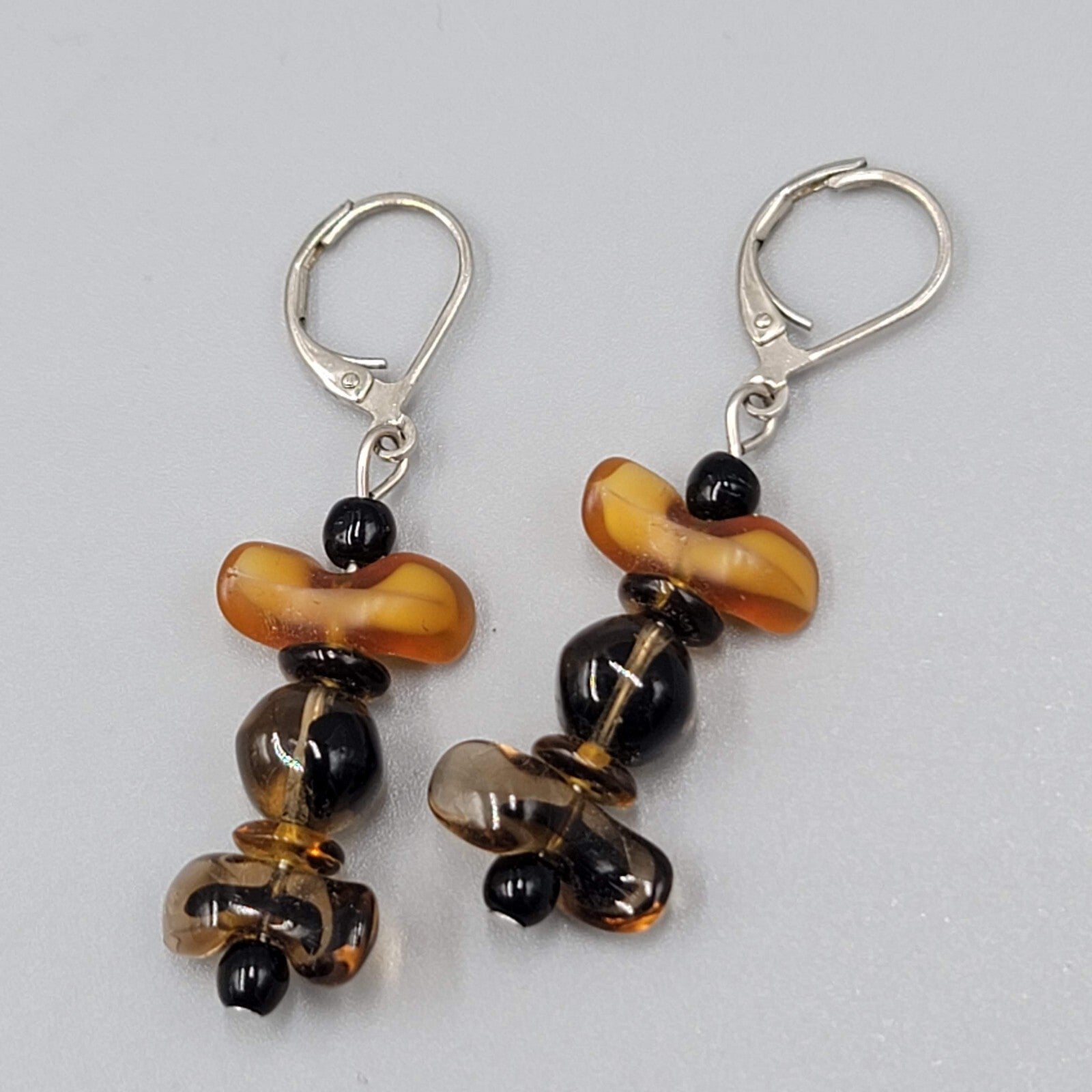 Glass Bead Pierced Earrings Variegated Browns Leverback Dangle Silver tone 1.25"
