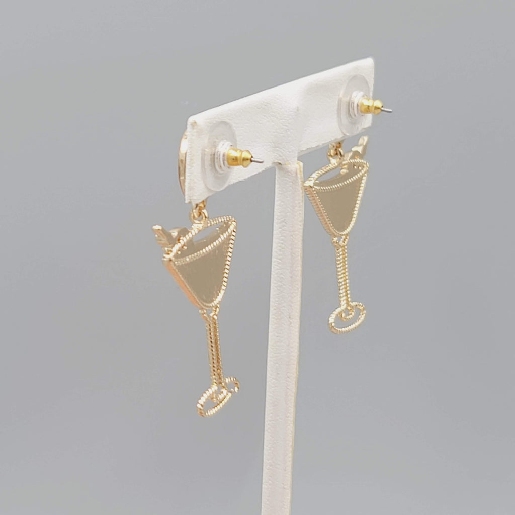 Pink Martini Cocktail Pierced Earrings Gold tone Dangle 2"