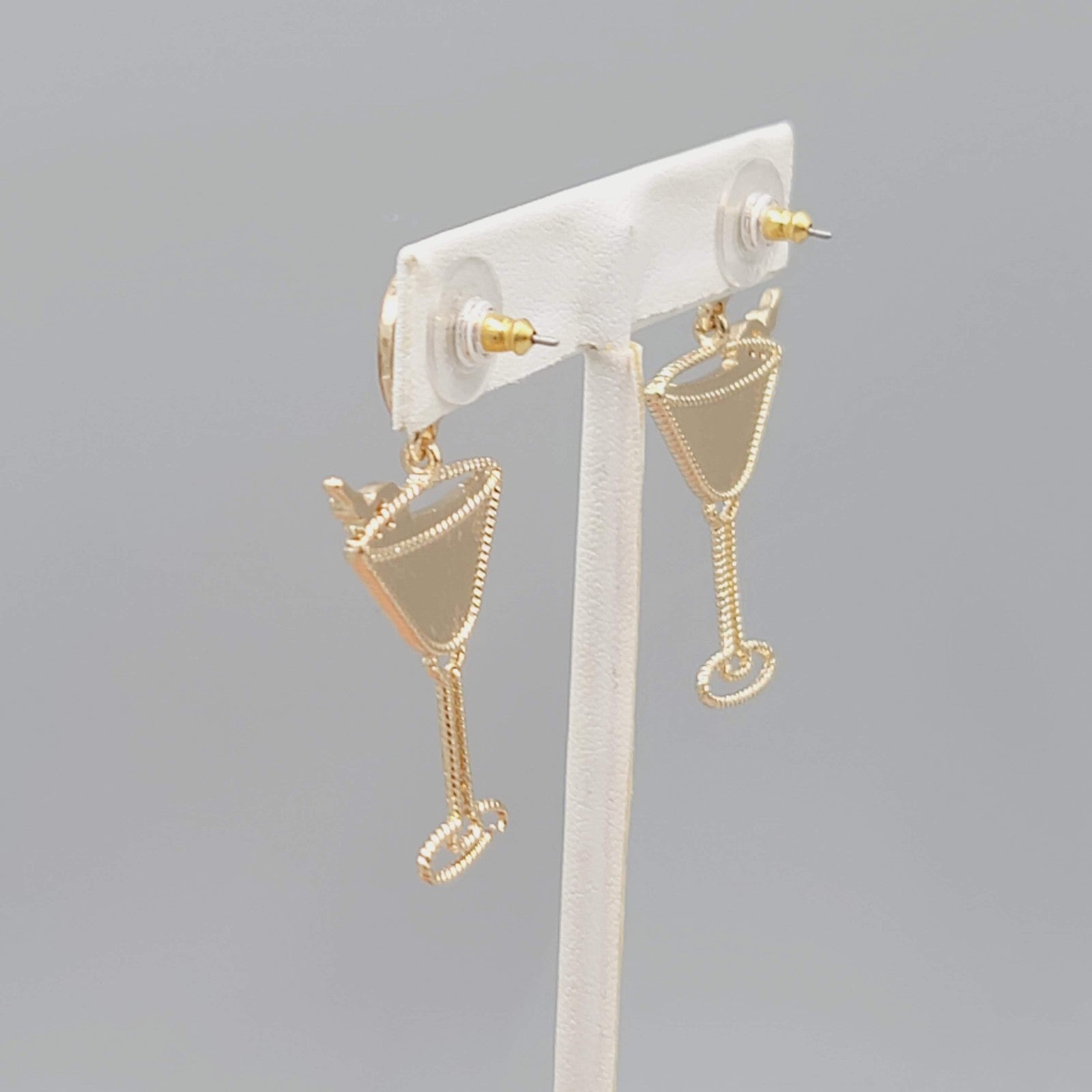 Pink Martini Cocktail Pierced Earrings Gold tone Dangle 2"