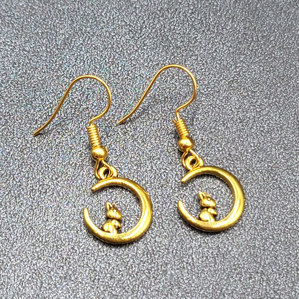 New Bunny Rabbit on Crescent Moon Pierced Earrings Gold tone Dangle 5/8"