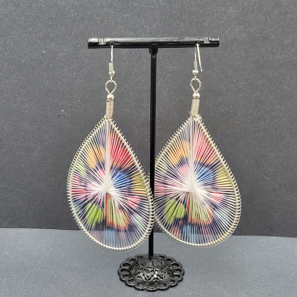 Large Pierced Earrings Silver tone Teardrop String Art Hearts Theme 3.5"
