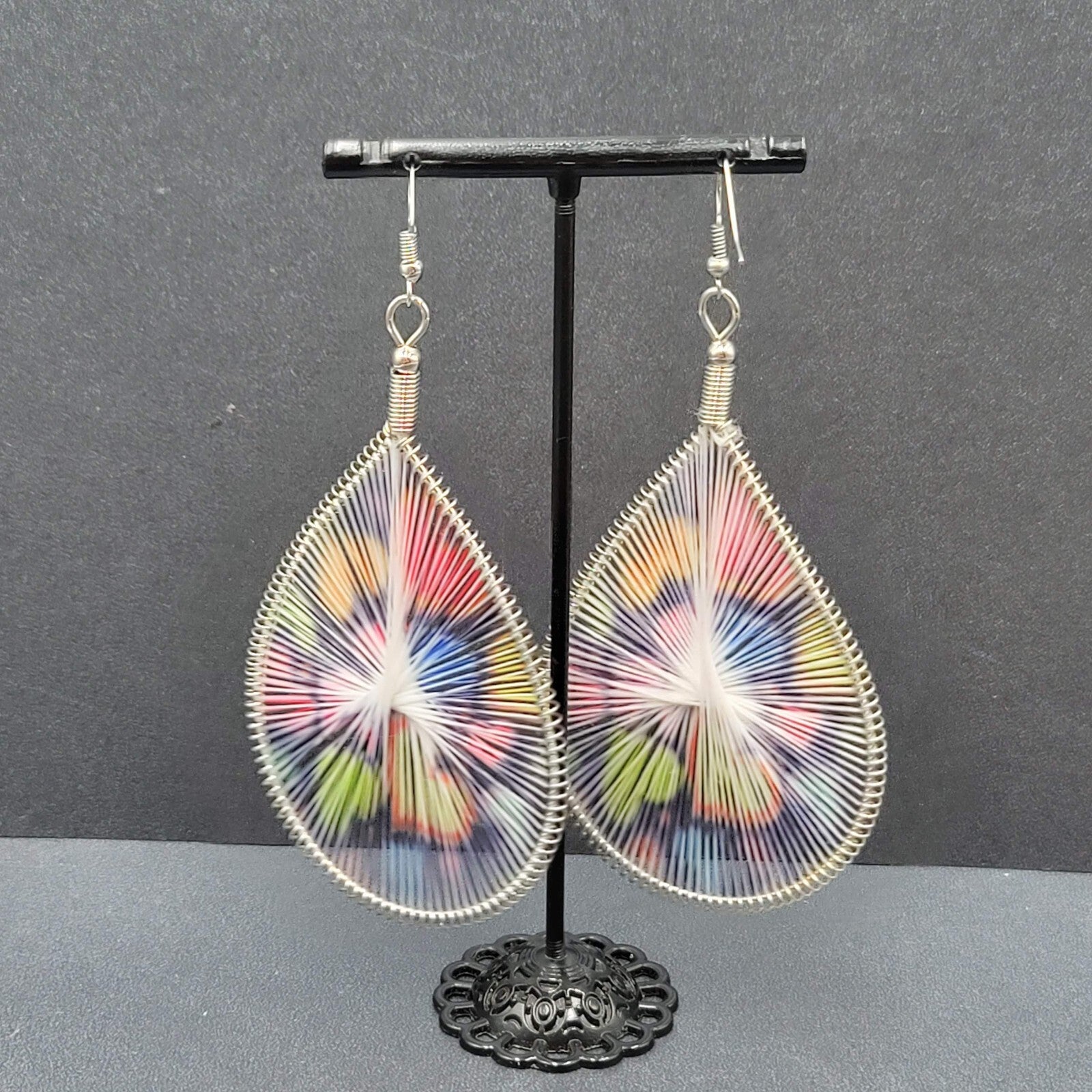Large Pierced Earrings Silver tone Teardrop String Art Hearts Theme 3.5"