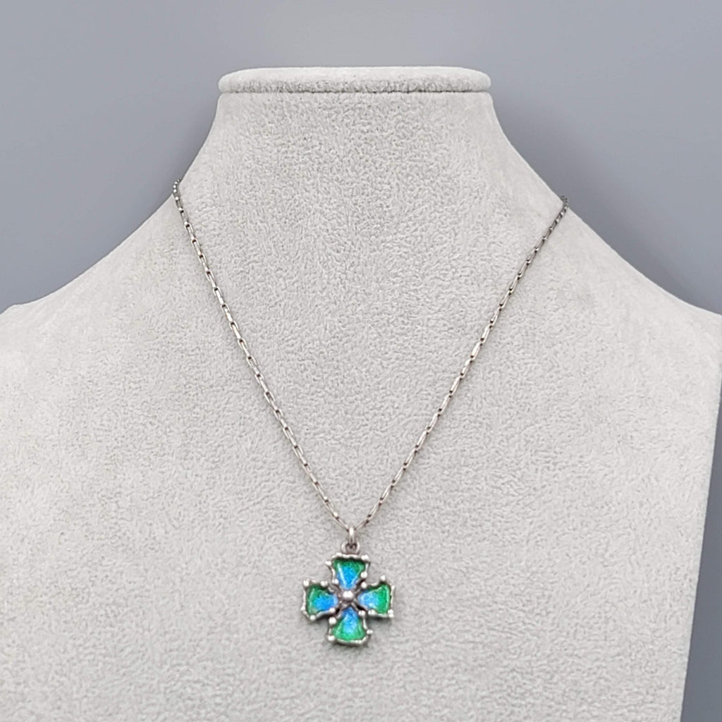 Vintage Signed Enamel Cross Pendant Sterling Silver Necklace 925   16 in