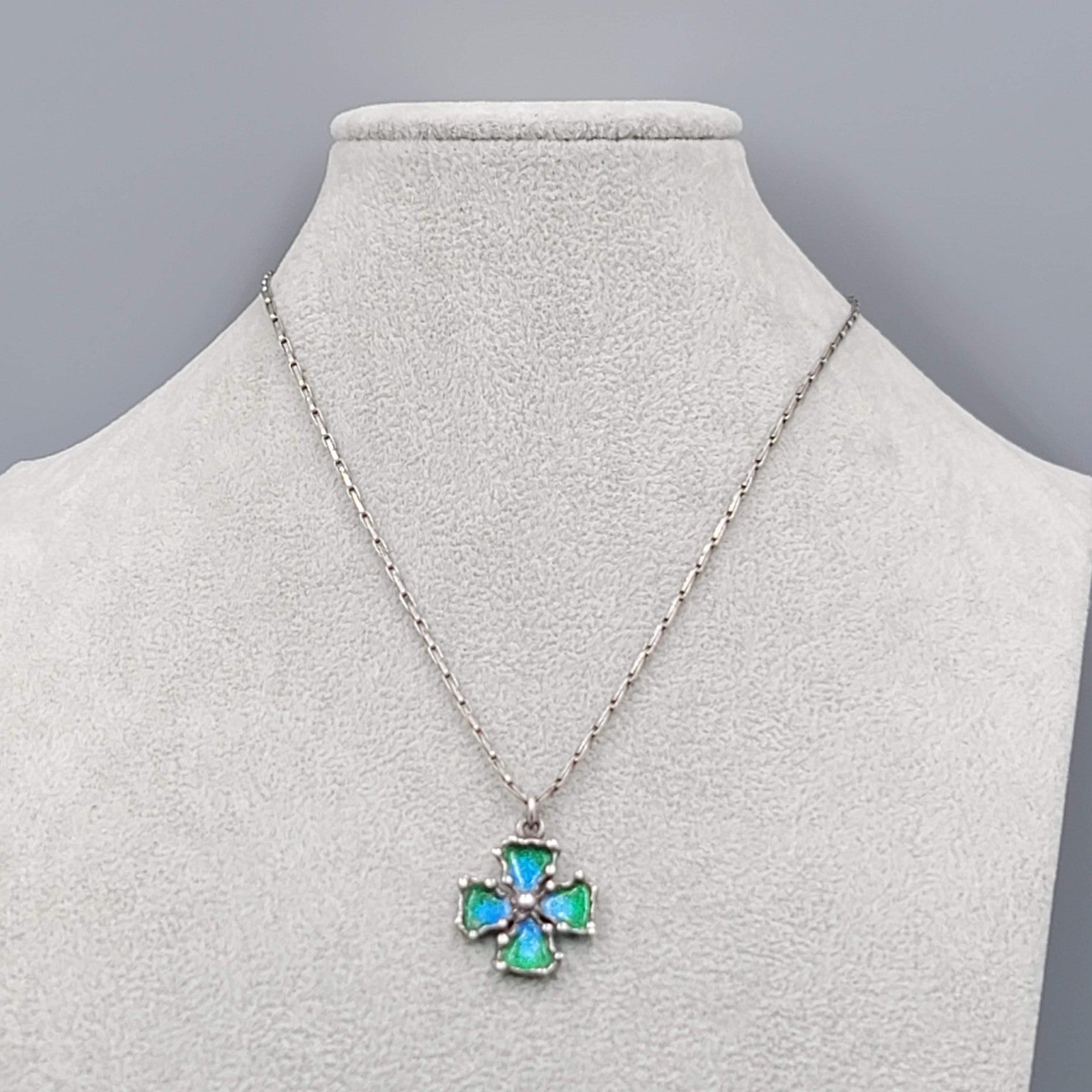 Vintage Signed Enamel Cross Pendant Sterling Silver Necklace 925   16 in
