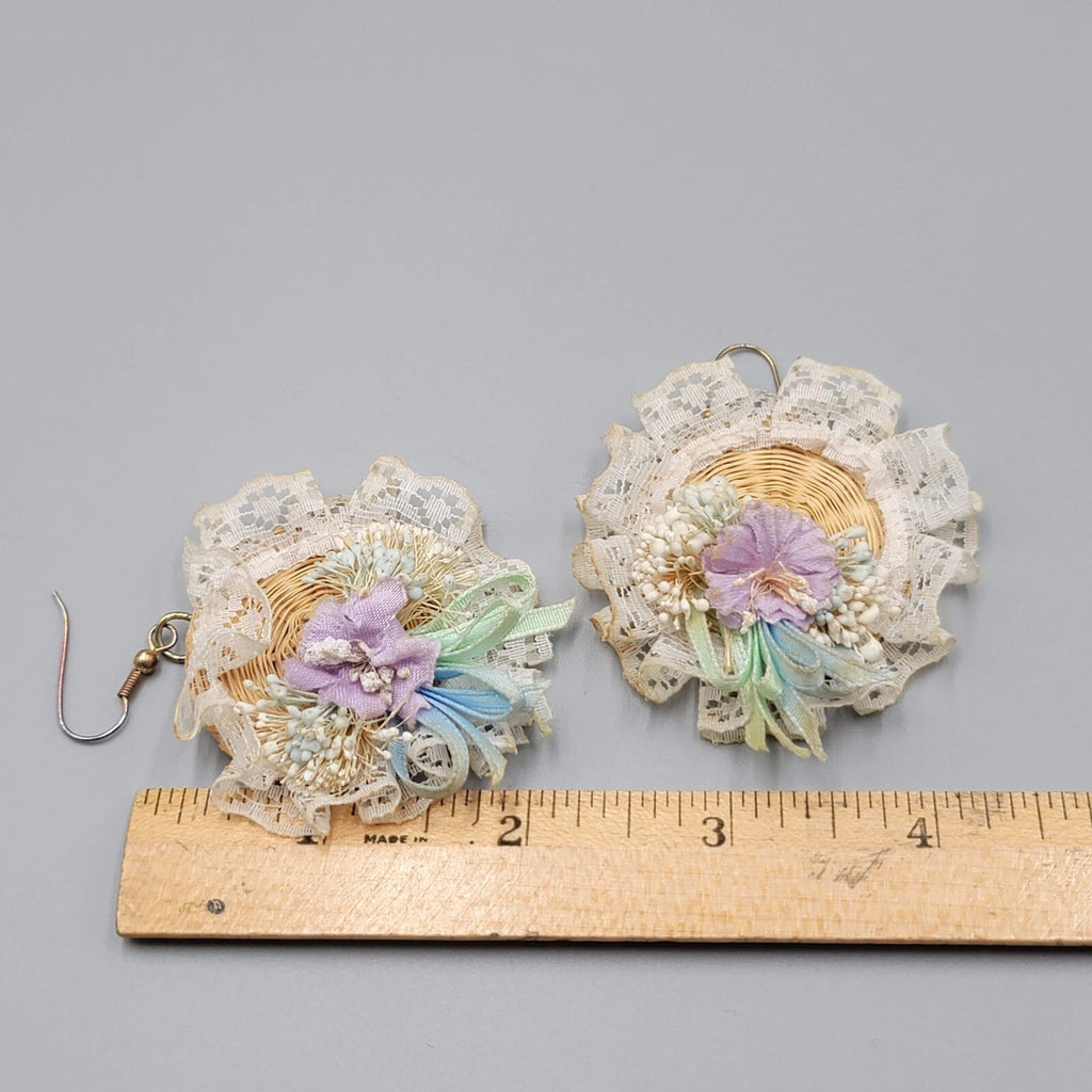 Vintage Wicker Bonnet Pierced Earrings Dangle 1980s 2"