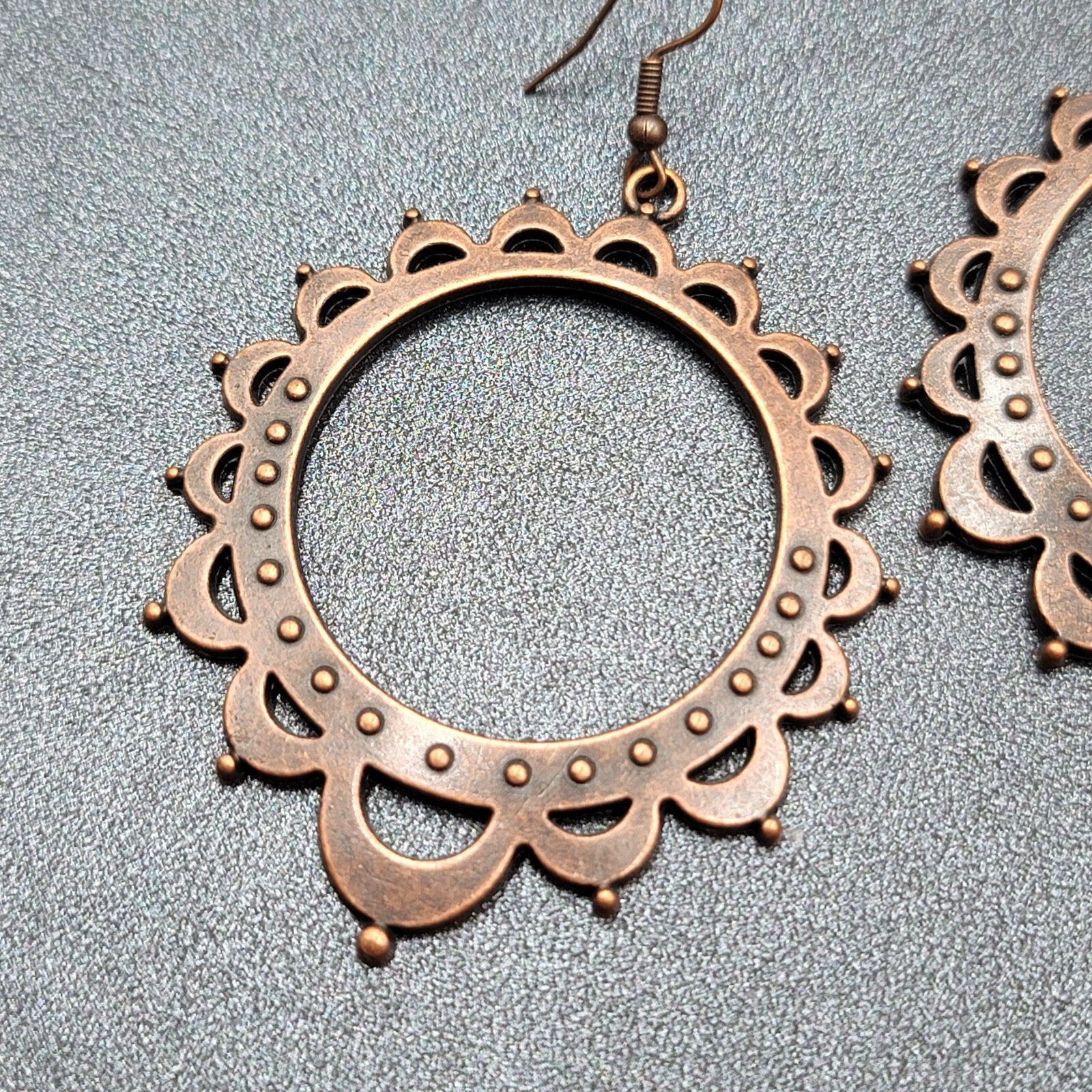 Boho Pierced Earrings Bronze tone Hoop Dangle 2.25"