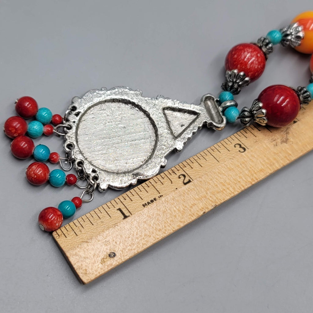 Statement Bead Necklace Red Yellow Blue Silver tone Unique Unusual 22"