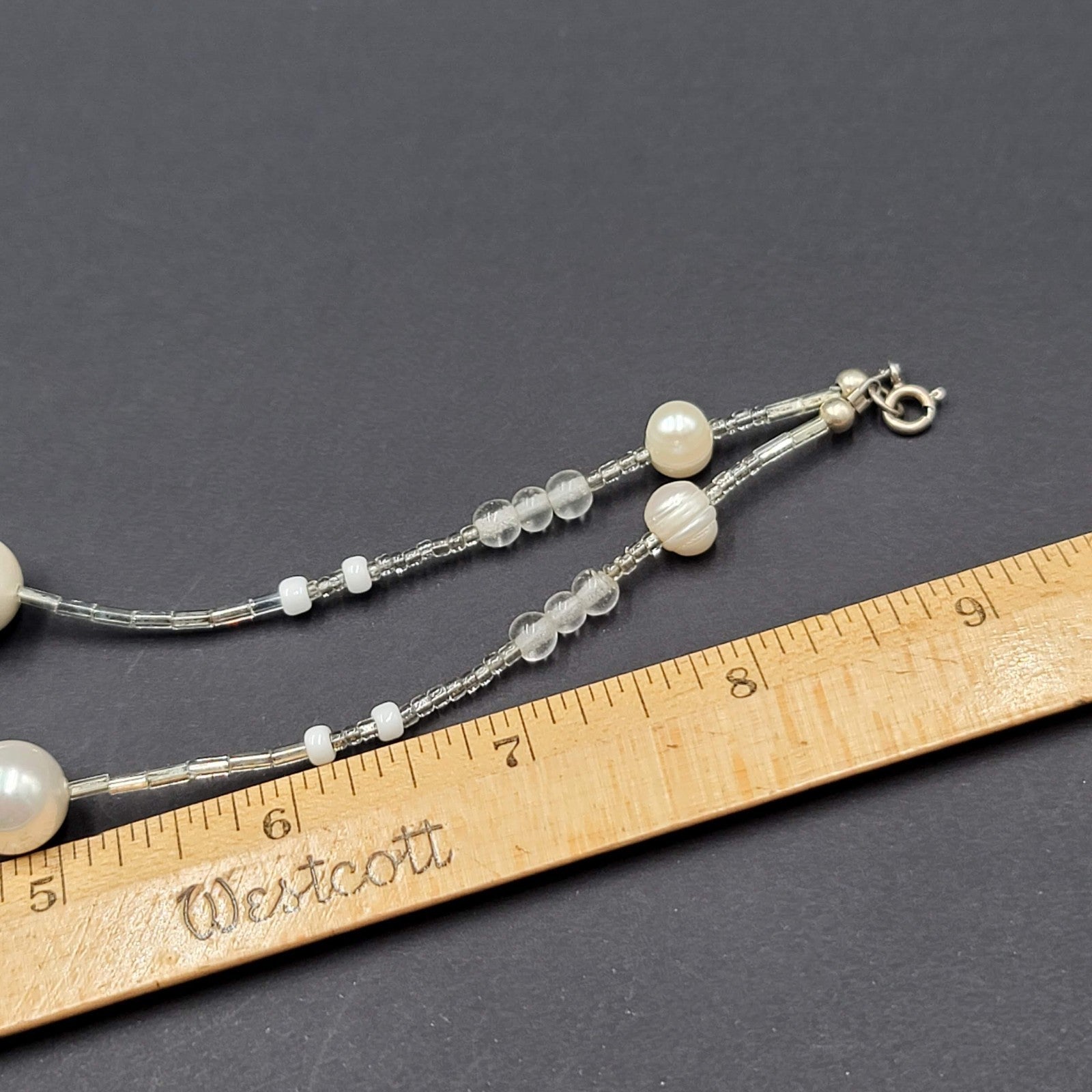 Necklace Clear and White Beaded Silver tone Faceted Teardrop Pendant 18"