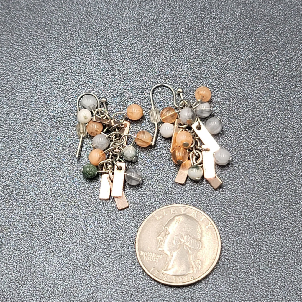 Pierced Earrings Silver tone Peach Gray Green Dangle Beads 1.25"