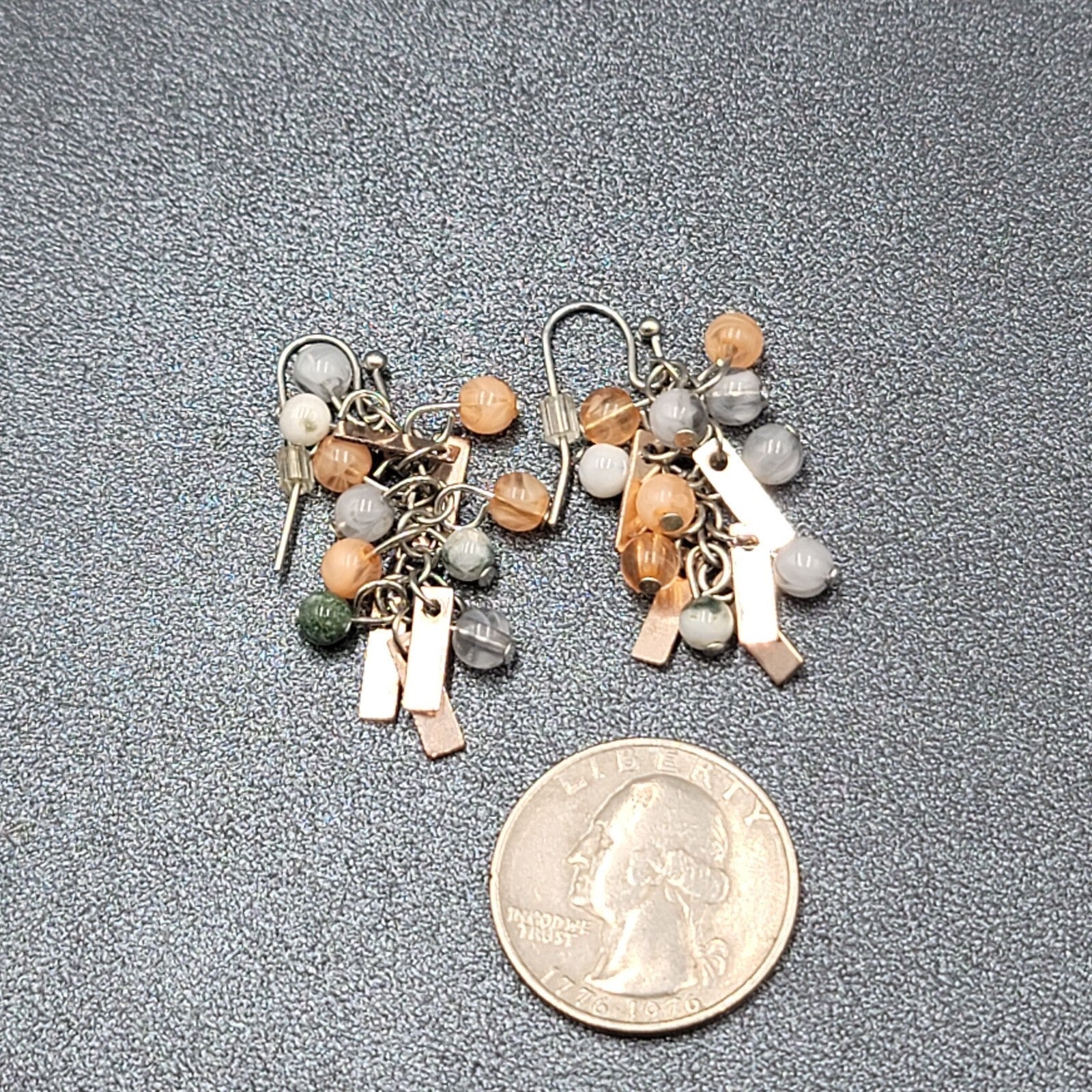 Pierced Earrings Silver tone Peach Gray Green Dangle Beads 1.25"