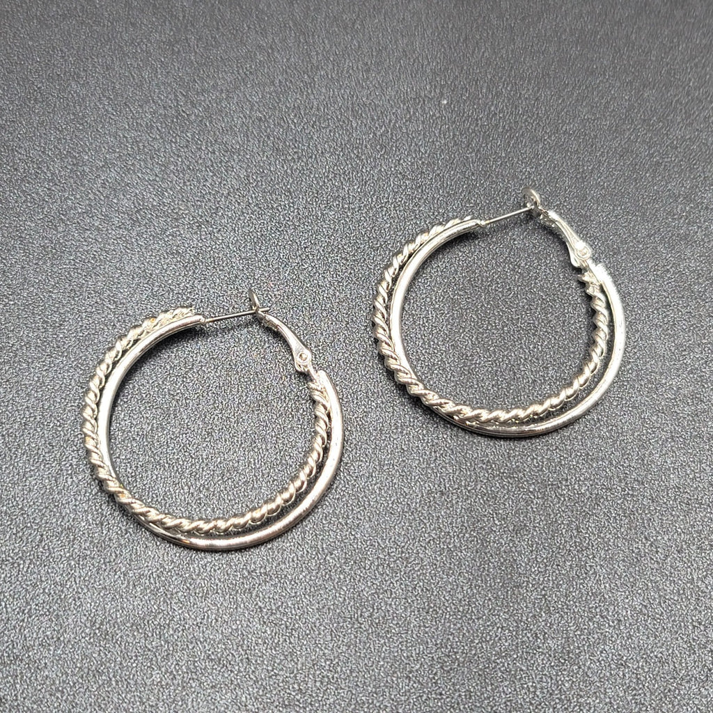 Pierced Earrings Silver tone Double Twist Hoops 1 5/8"