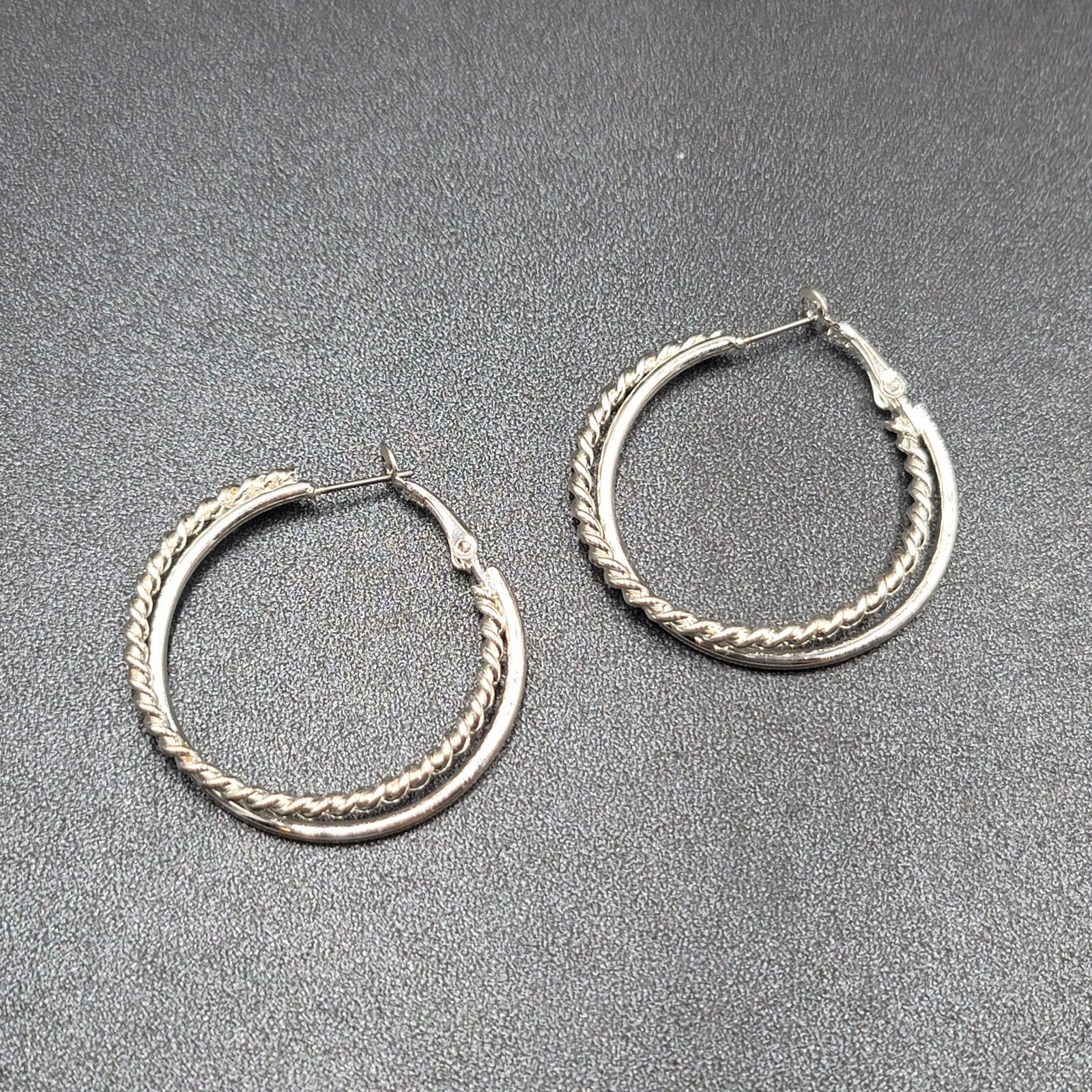Pierced Earrings Silver tone Double Twist Hoops 1 5/8"