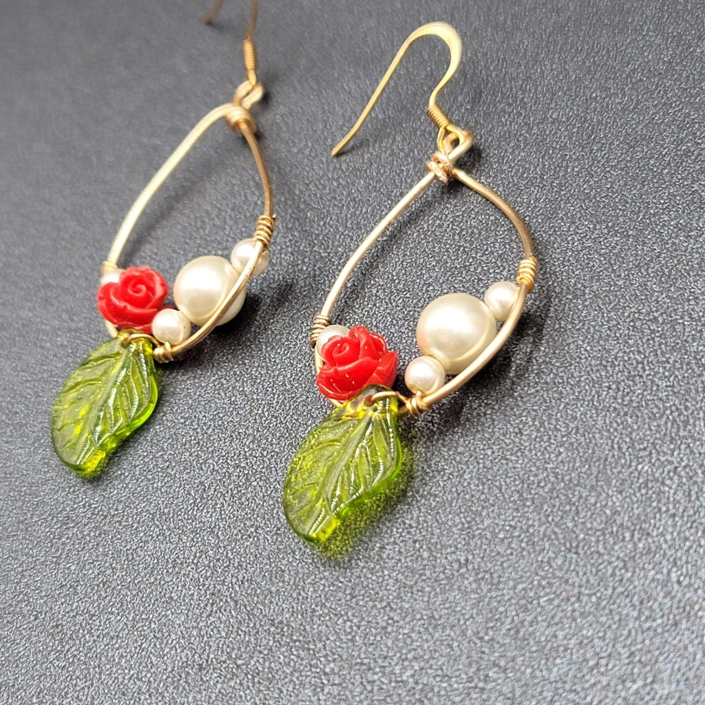 Pierced Earrings Gold tone Rose Leaf White Beads Dangle 2"