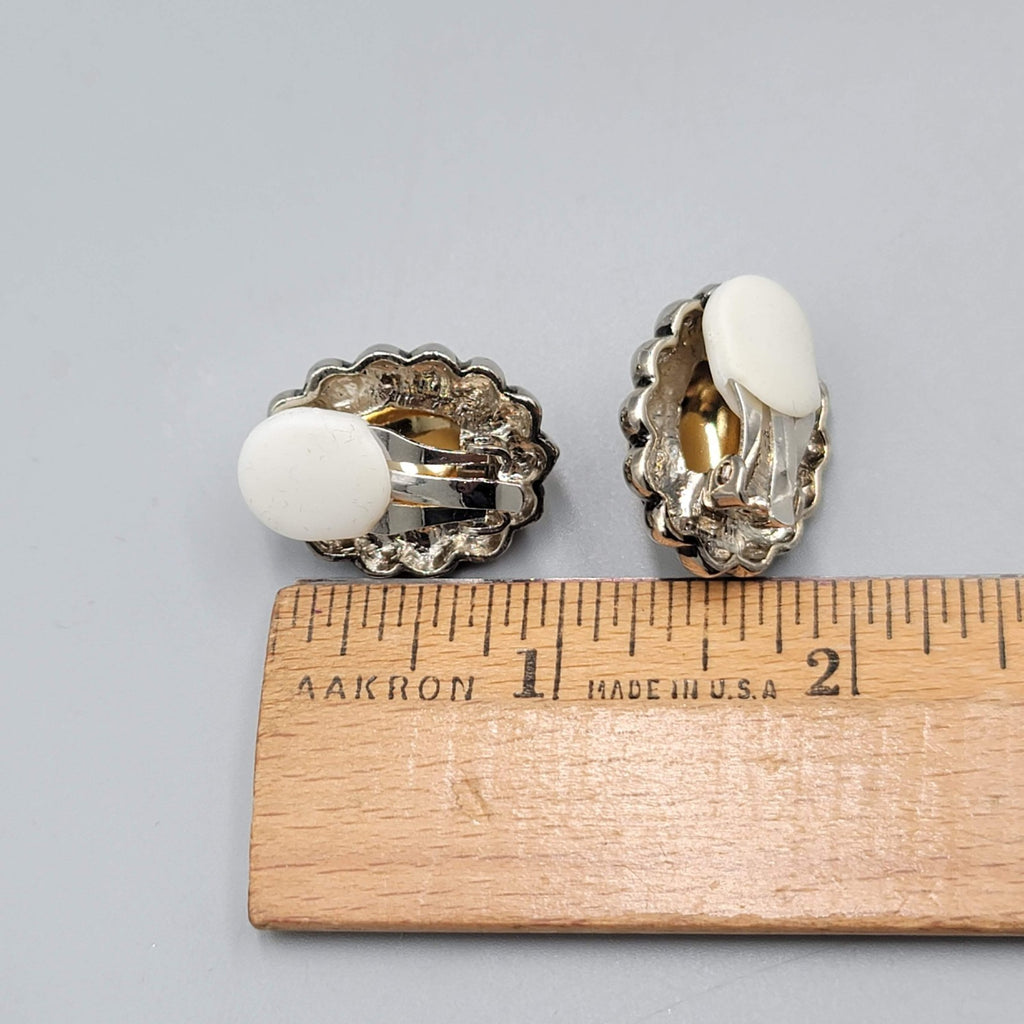 Vintage Two Toned Oval Clip on Earrings Gold Plated Drop 1 in