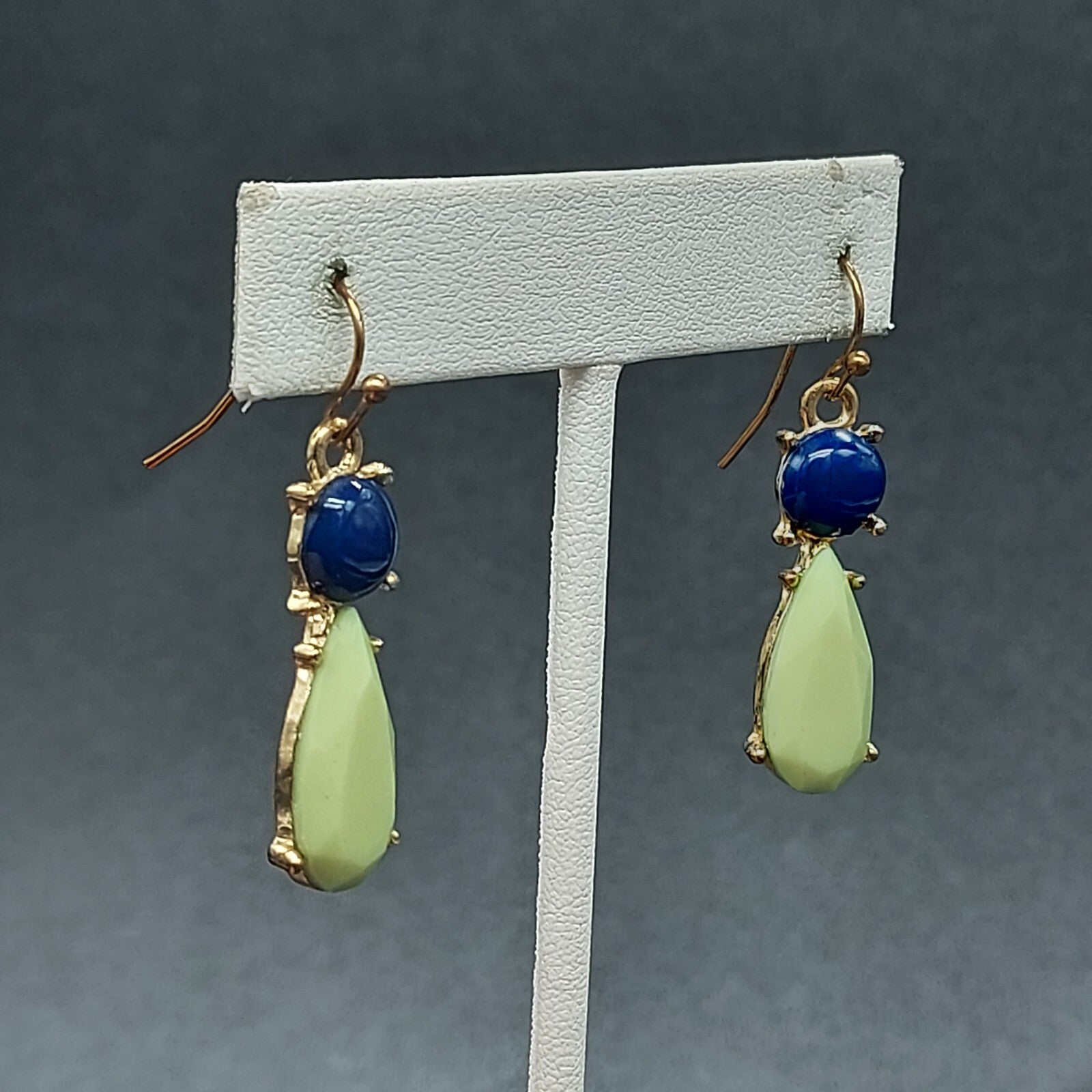 Pierced Earrings Gold tone Blue Green Acrylic Dangle 1 1/4"