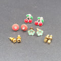 Lot of 5 Pierced Earrings Studs Cherrys Enamel Flowers Rhinestone Gold tone