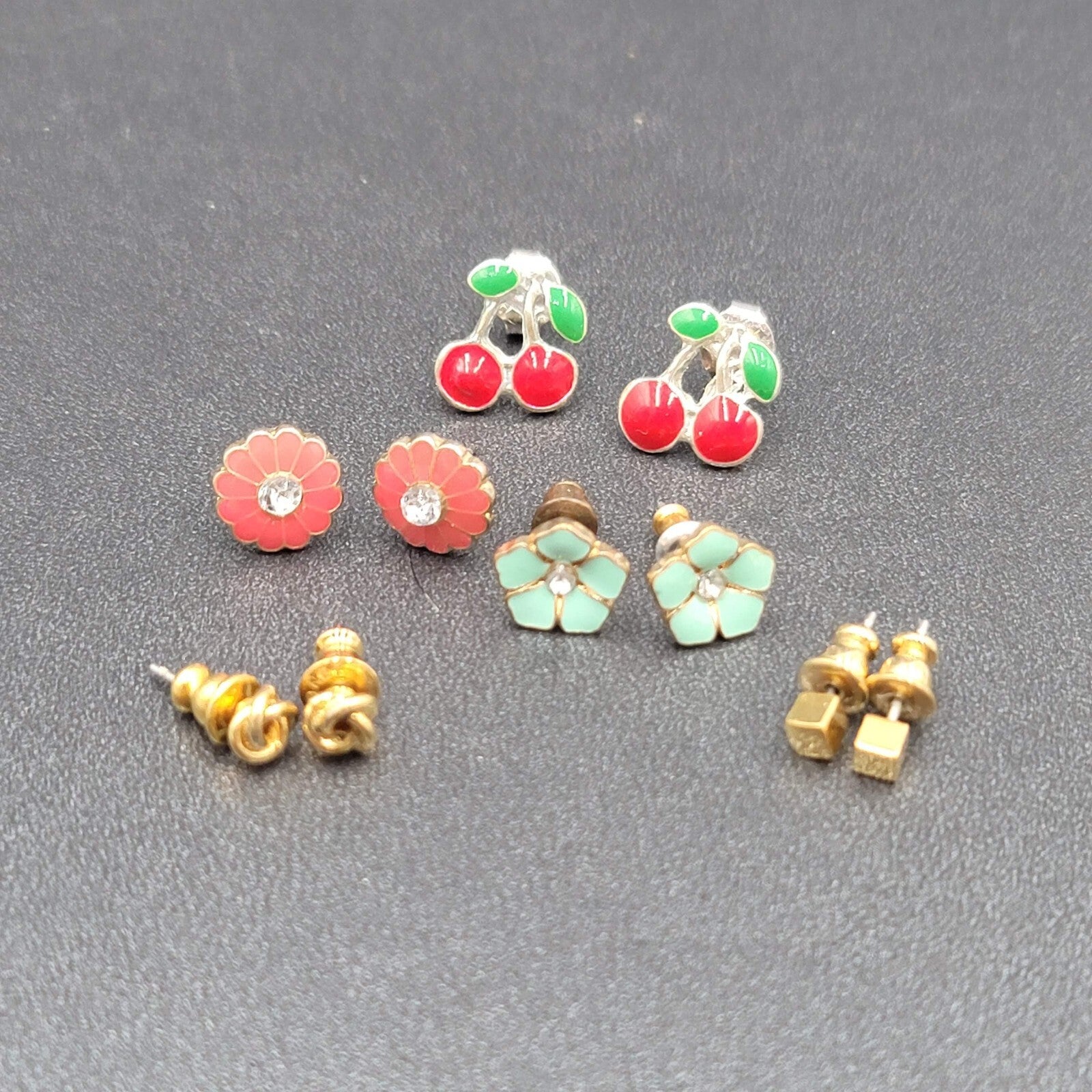 Lot of 5 Pierced Earrings Studs Cherrys Enamel Flowers Rhinestone Gold tone