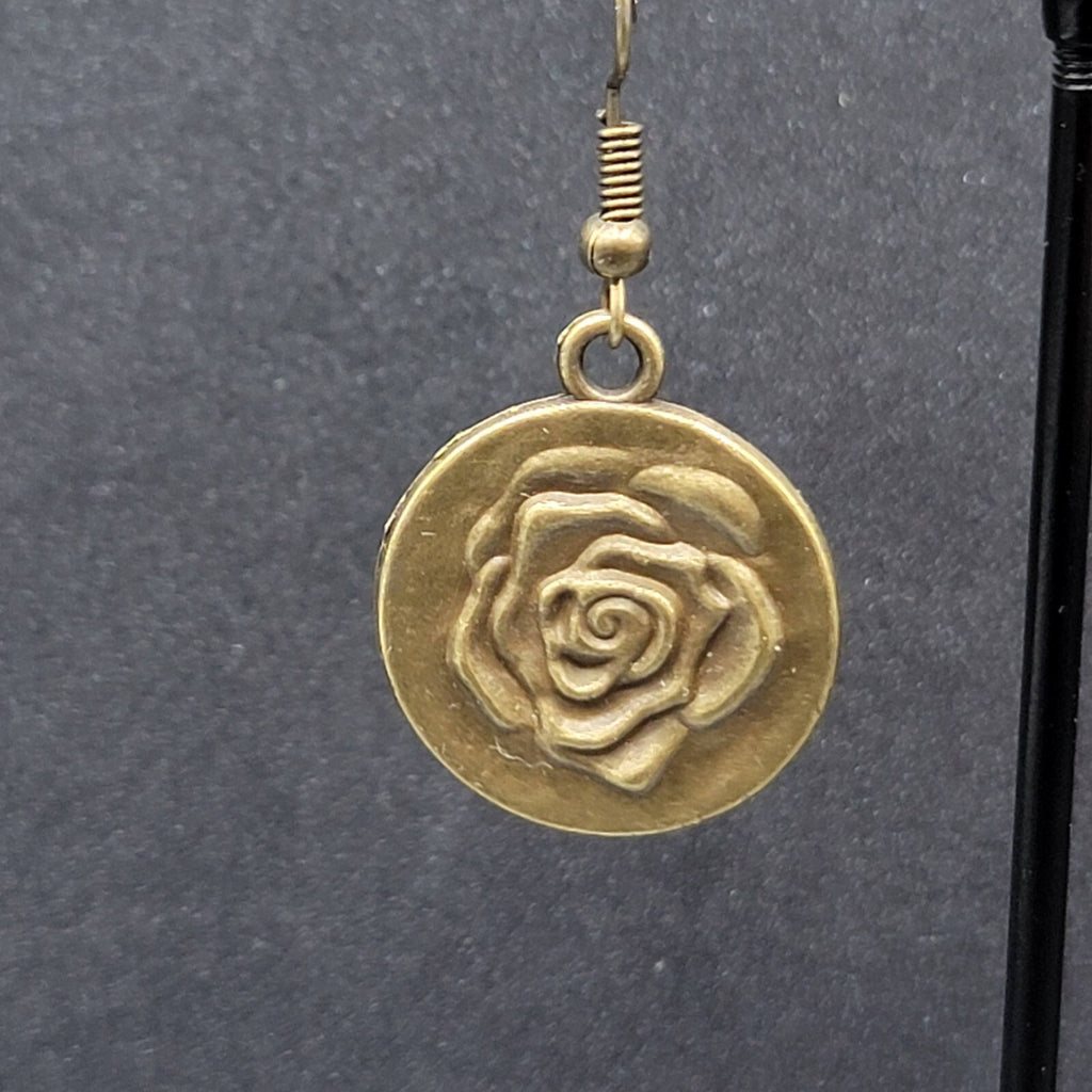 New Embossed Rose Flower Hat Pierced Earrings Bronze tone Round Dangle 1"