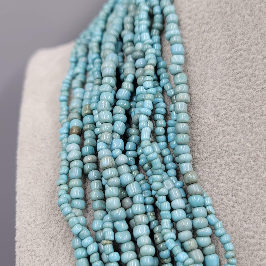 Artisan Necklace 14 Strand Blue Seed Bead Wood Clasp Statement 18"