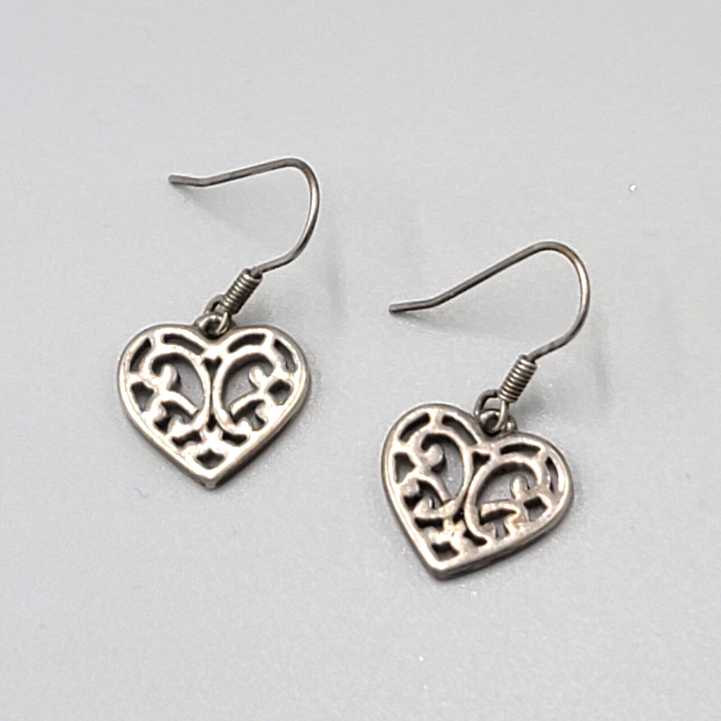 Heart Pierced Earrings Small Filigree Silver tone Dangle 1/2"