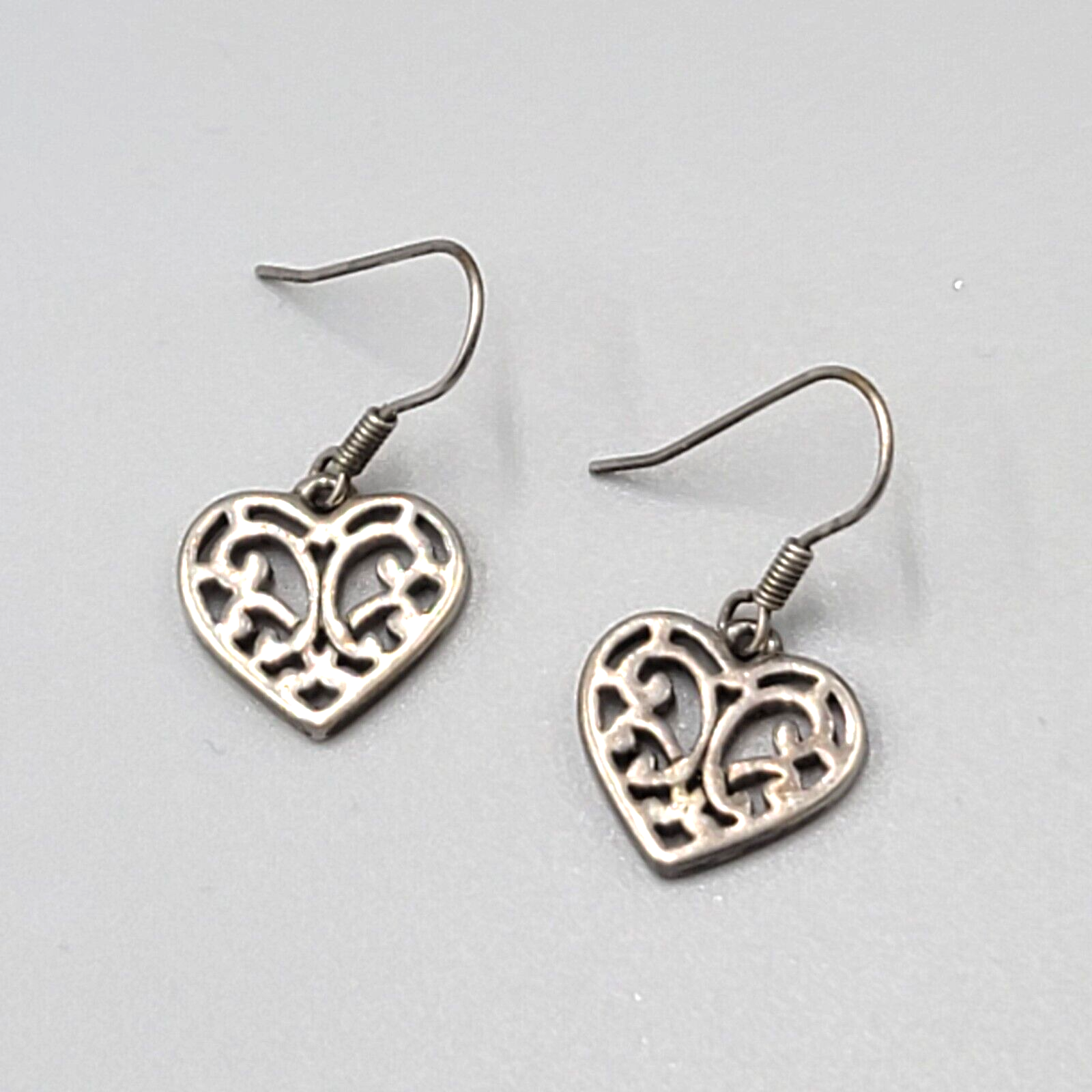 Heart Pierced Earrings Small Filigree Silver tone Dangle 1/2"