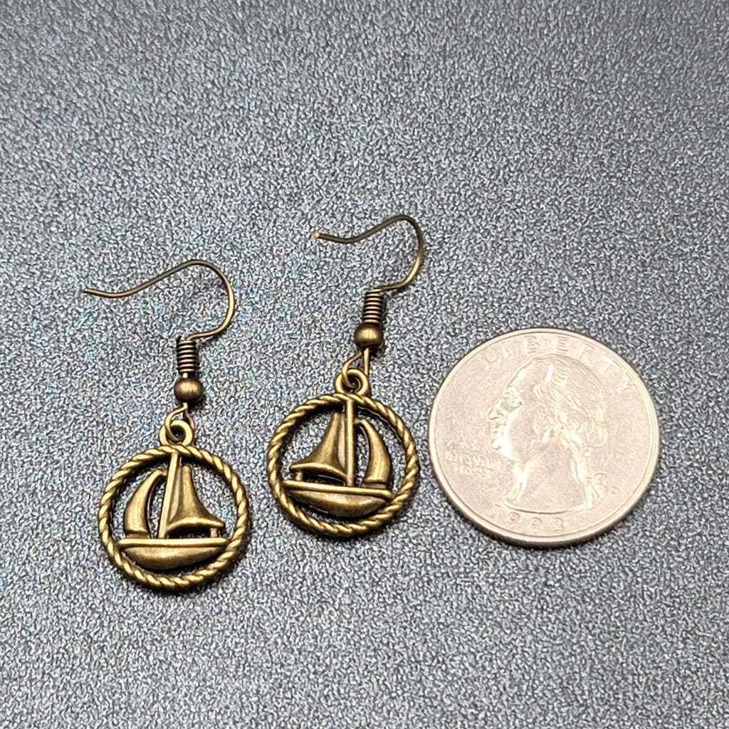 New Sailboat Pierced Earrings Bronze tone Ships Beach Sea Nautical Dangle 3/4"