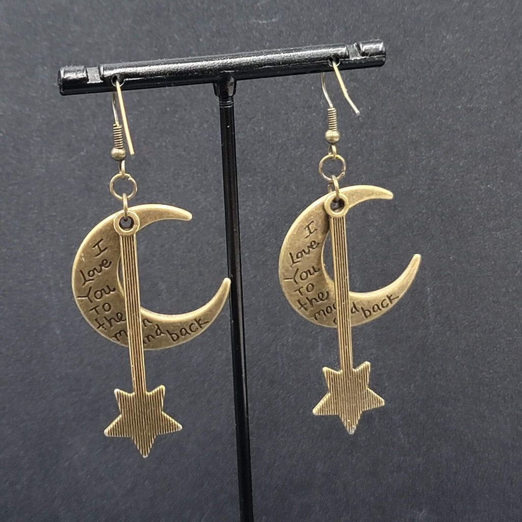 Pierced Earrings Bronze tone I Love You to the Moon and Back Metal Dangle 2"