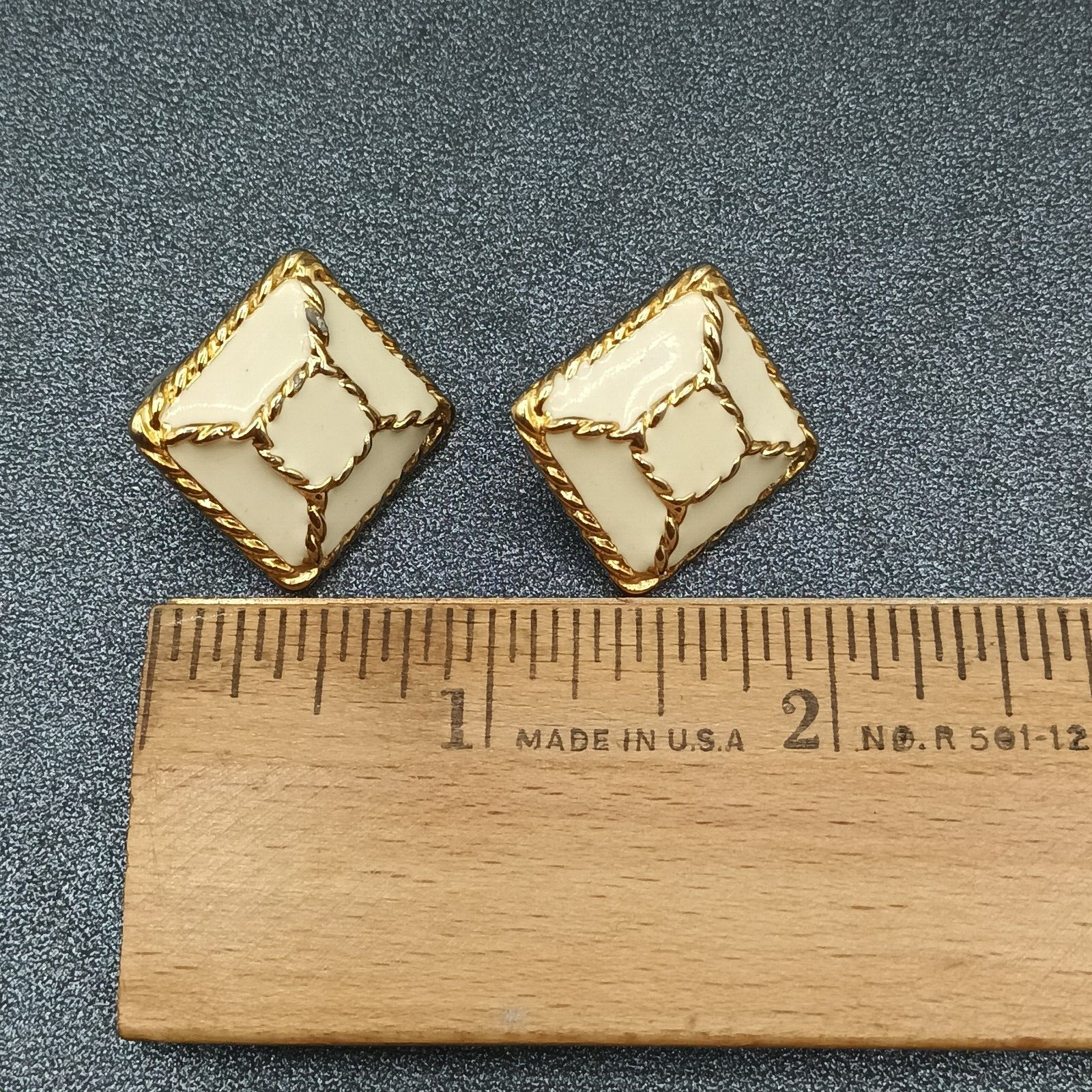 Vintage Pierced Earrings Gold Plated Cream Enamel Geometric Drop 1"