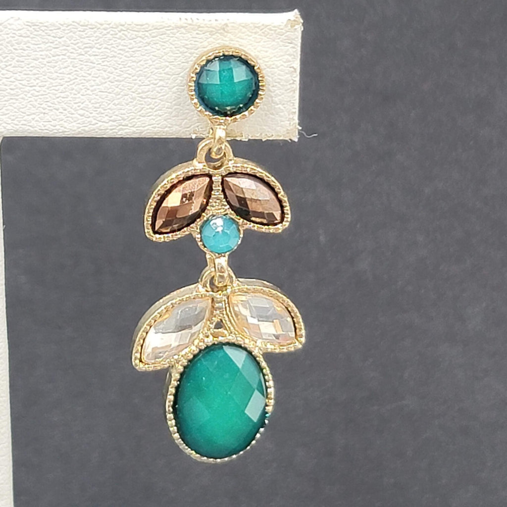 Pierced Earrings Gold tone Teal Green Faceted Acrylic Statement Drop 1 7/8"