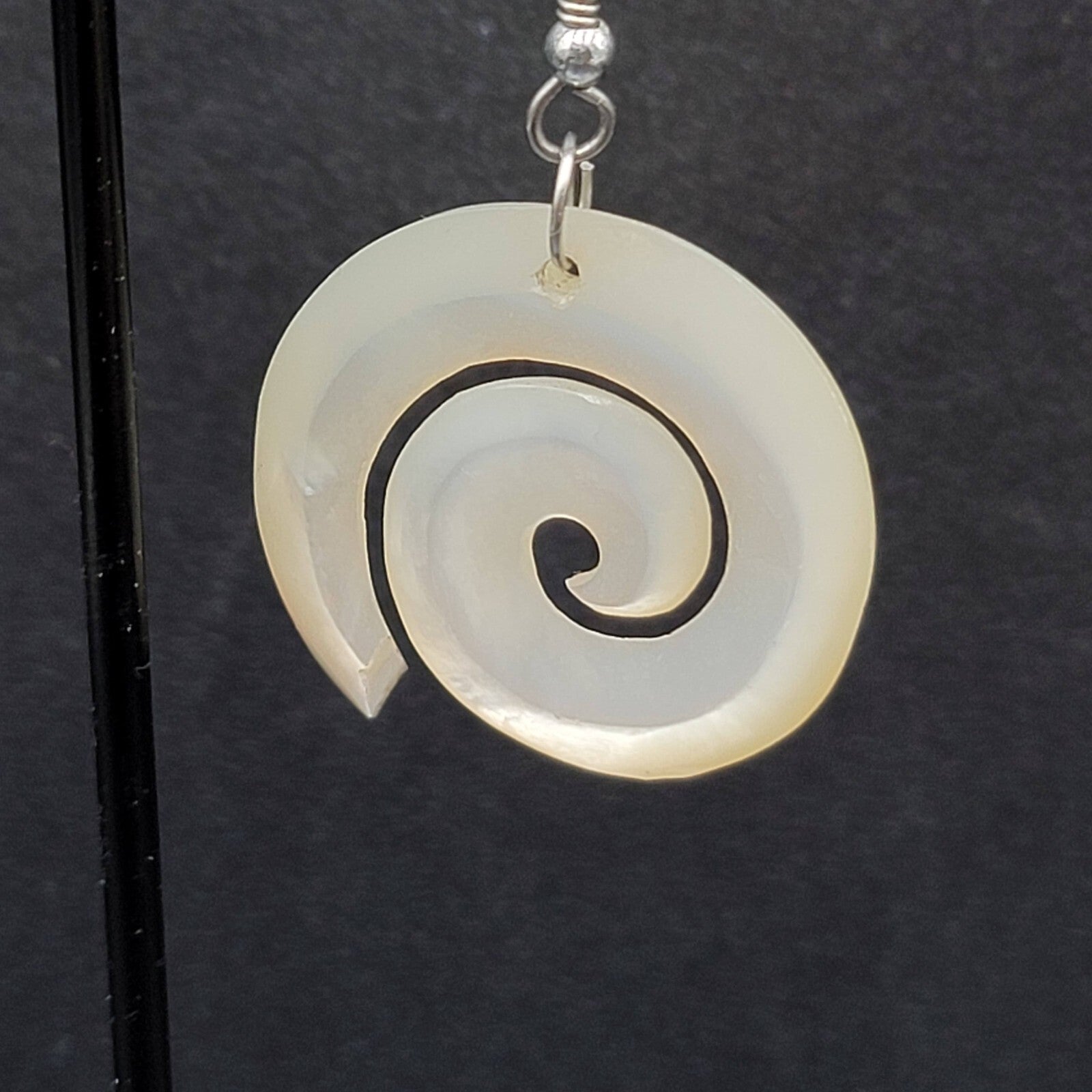 Pierced Earrings Silver tone Mother of Pearl Hand Carved Spirals  1.25"
