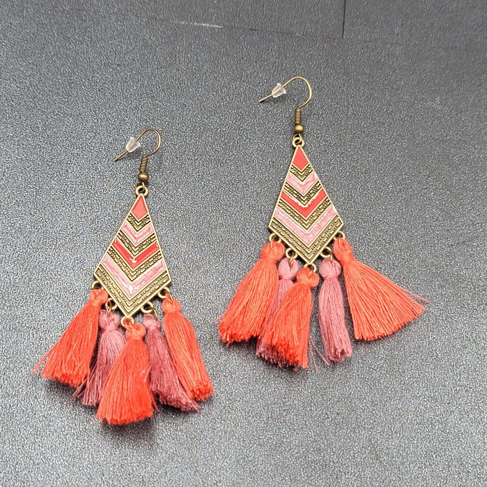 New Boho Pierced Earrings Antiqued Gold tone Enamel Orange Purple Tassel 3"