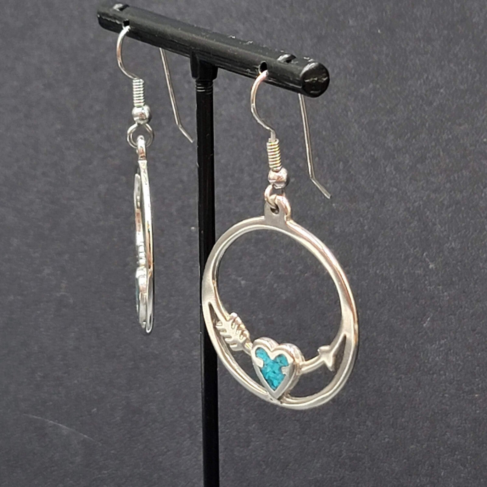 Vtg Pierced Earrings Silver tone Southwest Crushed Turquoise Heart Arrow 1.25"