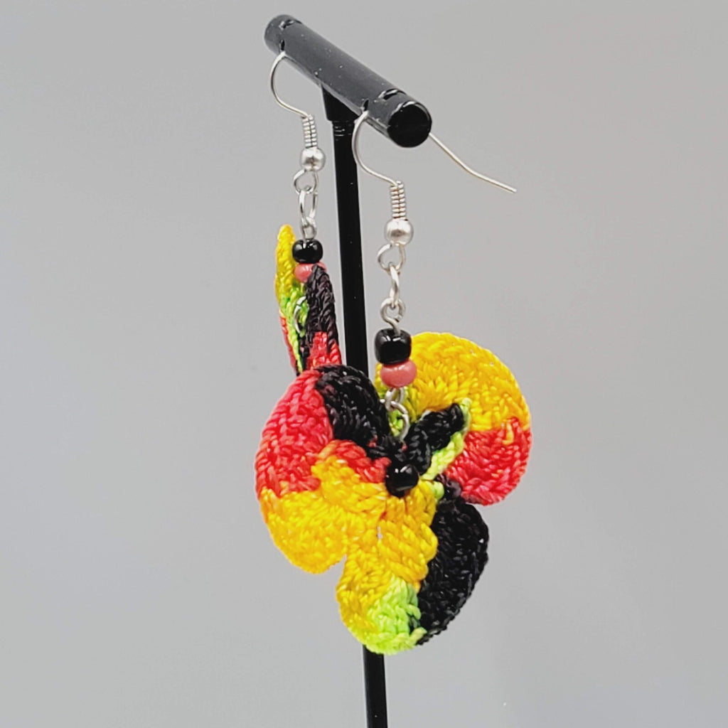 Crochet Pierced Earrings Red Black Yellow Green Dangle 1.5"