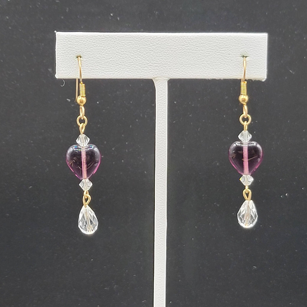 Pierced Earrings Gold tone Purple Glass Heart Bead Clear Crystals 1.5"