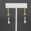 Pierced Earrings Gold tone Purple Glass Heart Bead Clear Crystals 1.5"