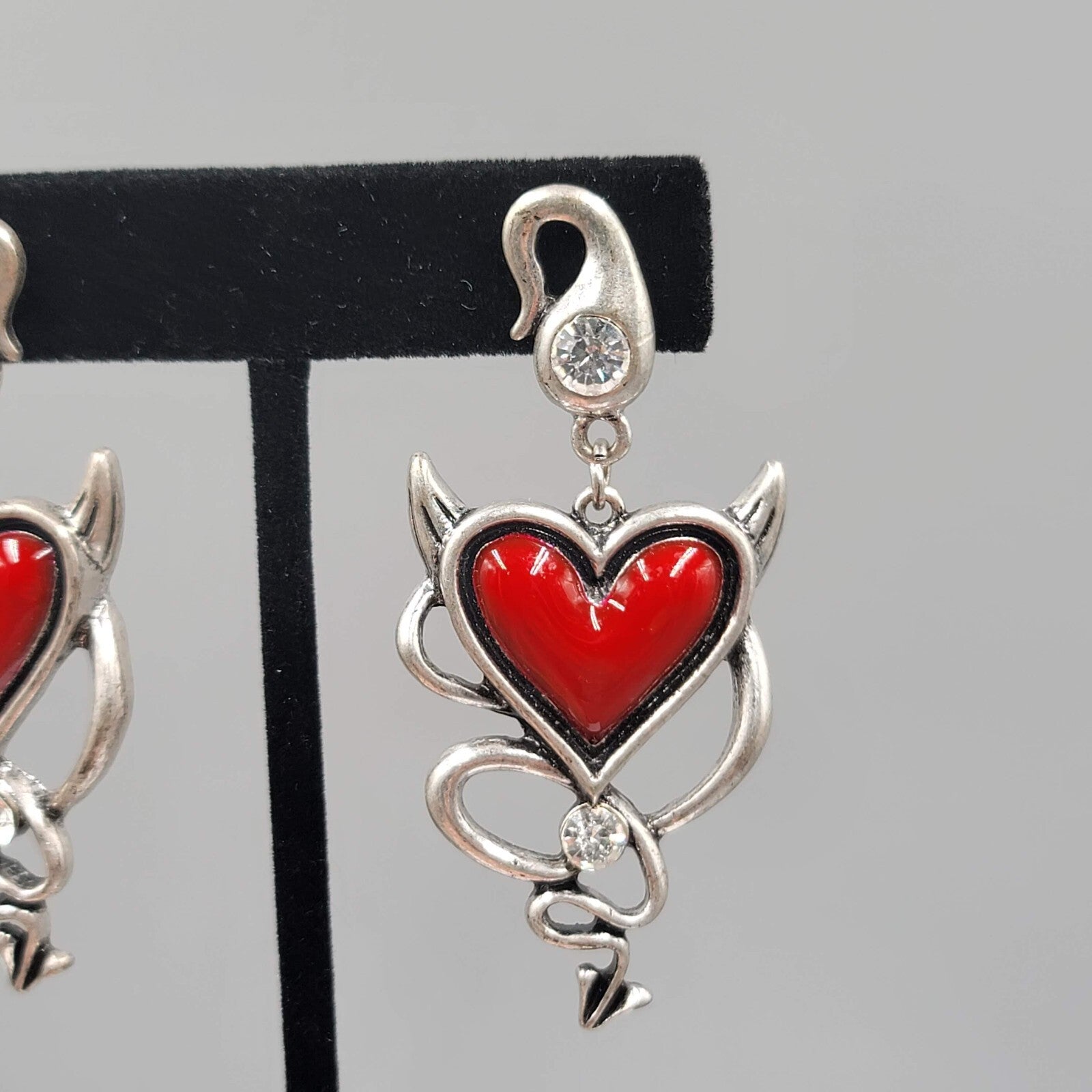 Devil Heart Pierced Earrings Red Enamel Crystal Silver tone Dangle 2 3/8"