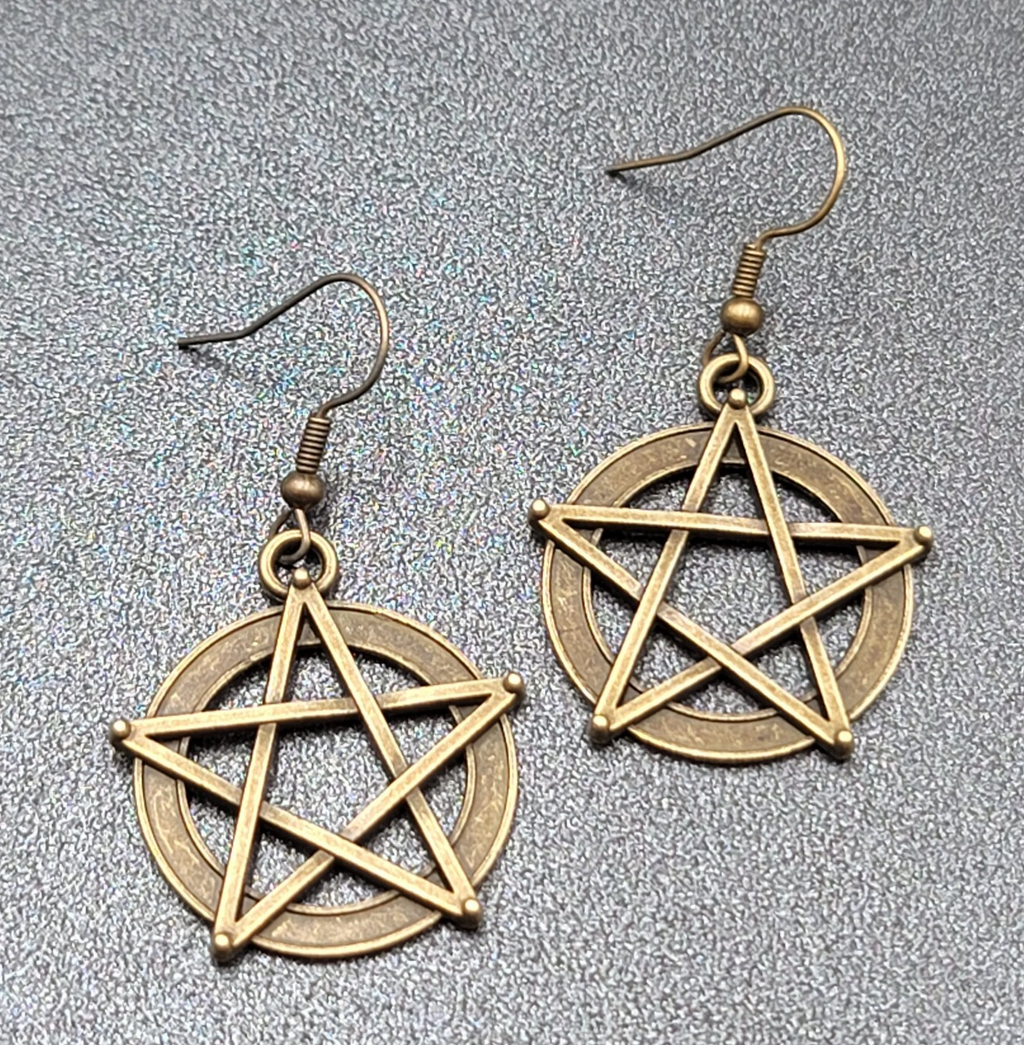 Pentacle Pierced Earrings Bronze tone Pentagram Witch Dangle 1 1/8"