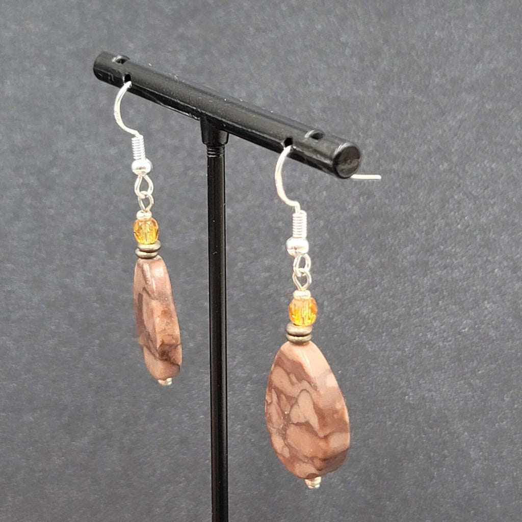 Pierced Earrings Sterling Silver Brown Stone Teardrop Bead Dangle 1.25"
