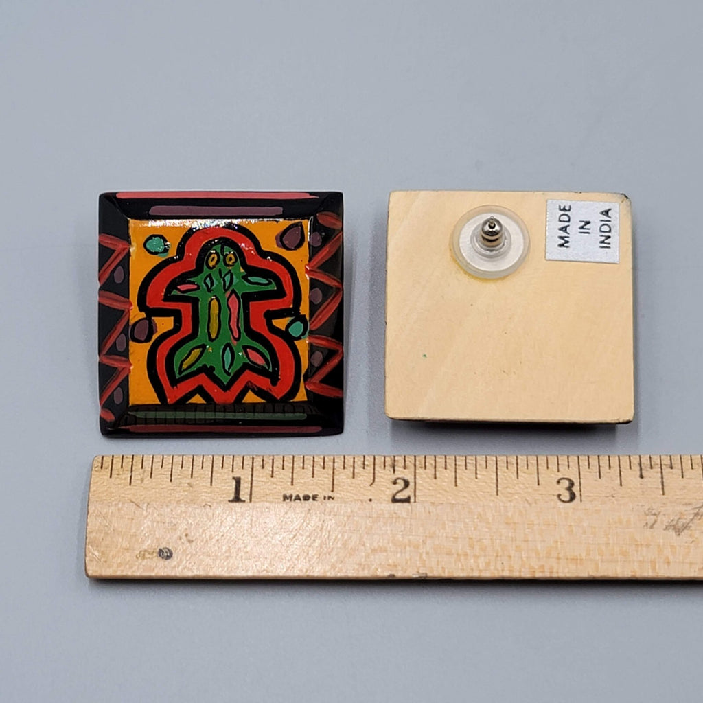 Vintage Wood Square Pierced Earrings Hand Painted Made in India 1.5"