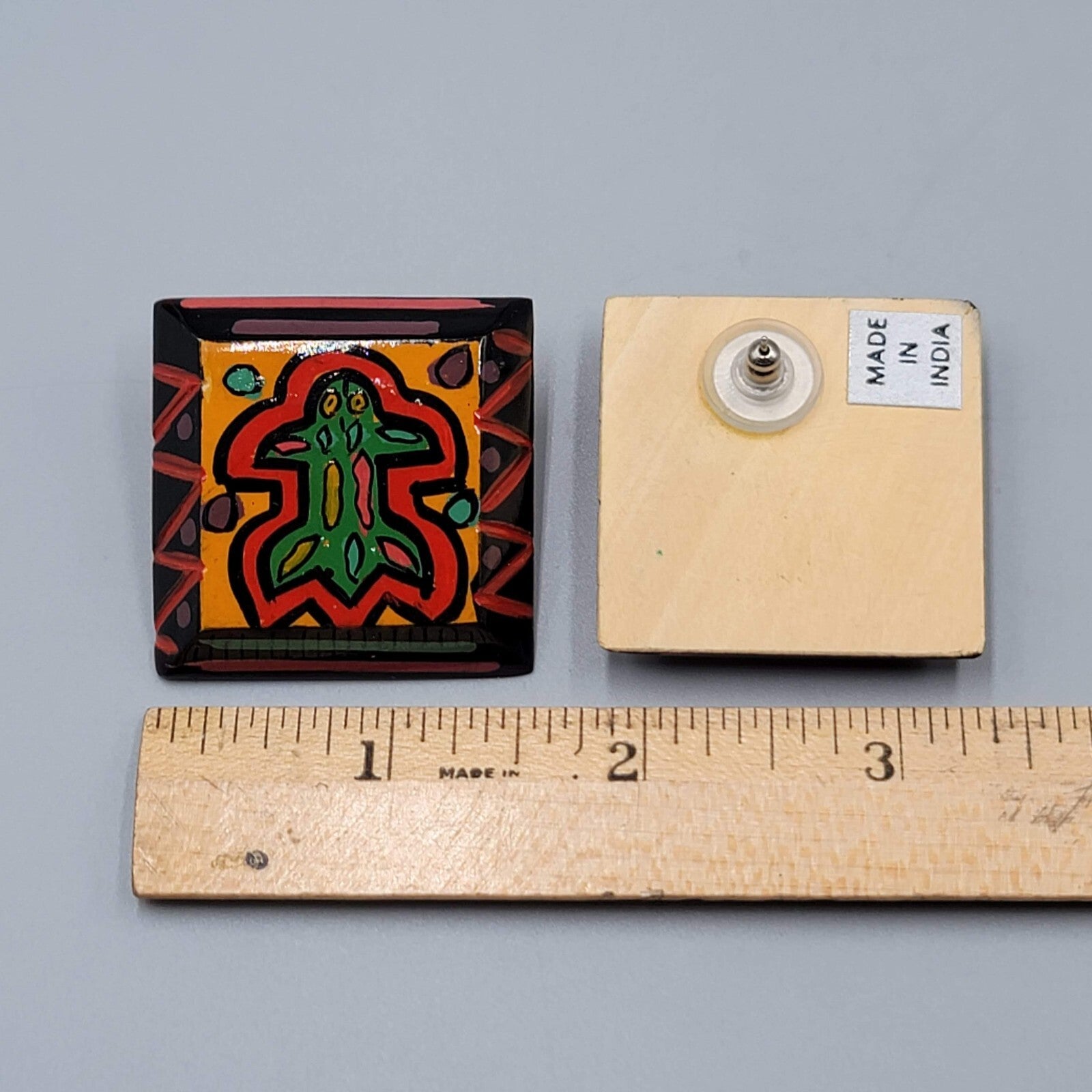 Vintage Wood Square Pierced Earrings Hand Painted Made in India 1.5"