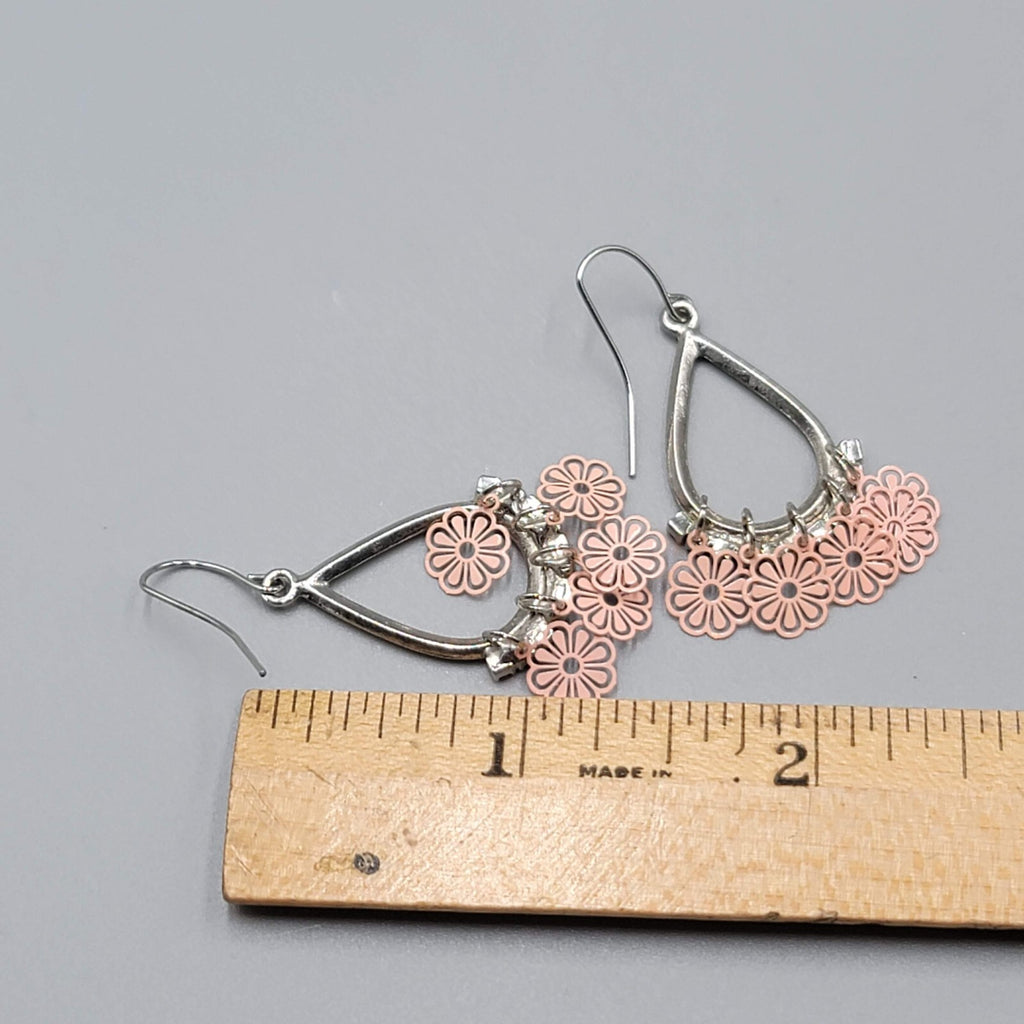 Pink Flowers Pierced Earrings Silver tone Teardrop Rhinestone Dangle 1 3/8"
