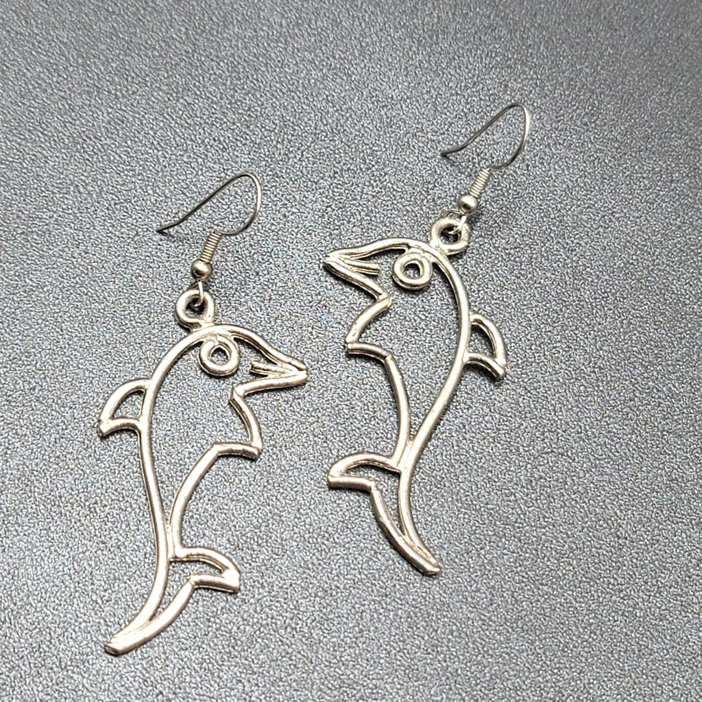 Dolphin Pierced Earrings Silver tone Dangle 2 1/8"