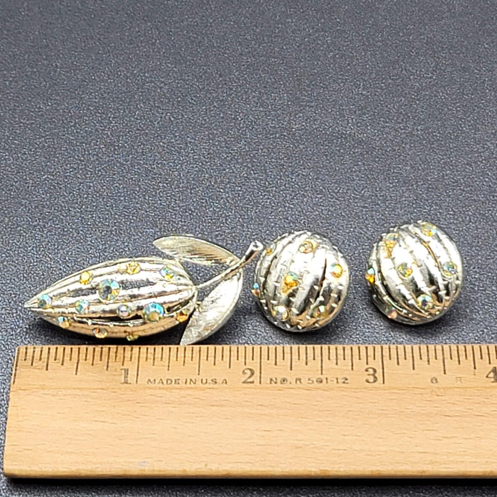 Vintage Flower Brooch Clip on Earrings Set Silver tone AB Rhinestone