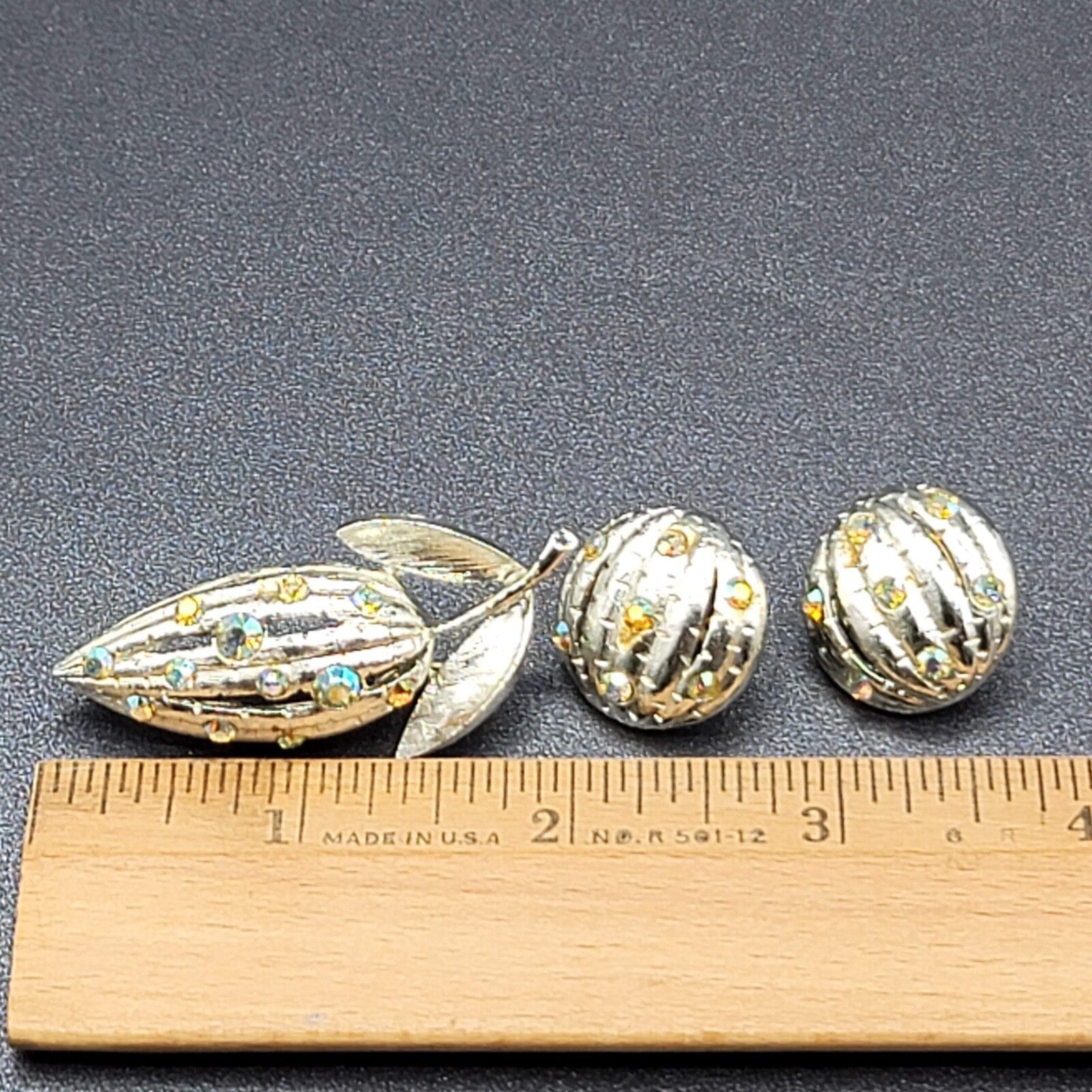 Vintage Flower Brooch Clip on Earrings Set Silver tone AB Rhinestone