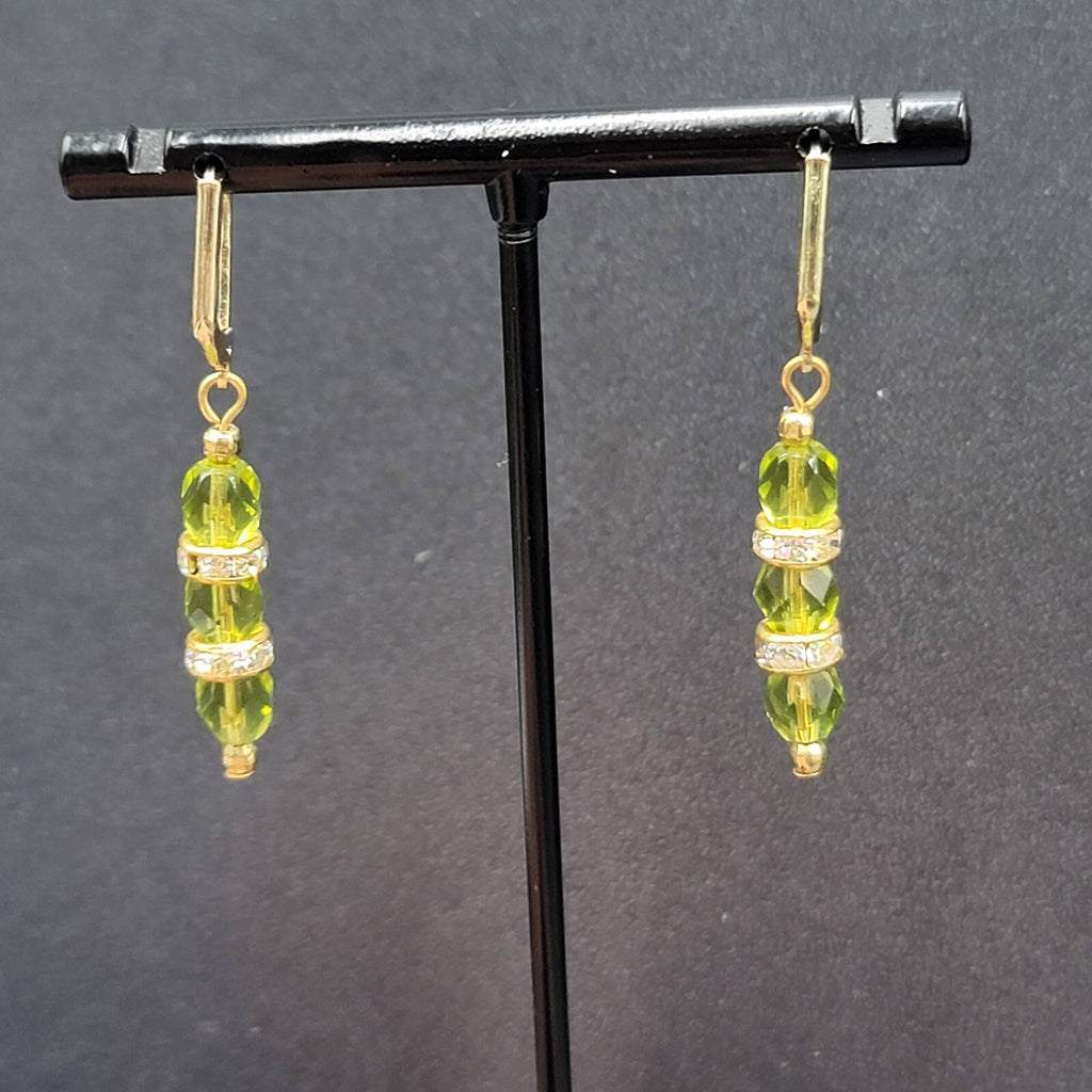 Pierced Earrings Green Faceted Bead Rhinestone Spacers Dangle 1.25"