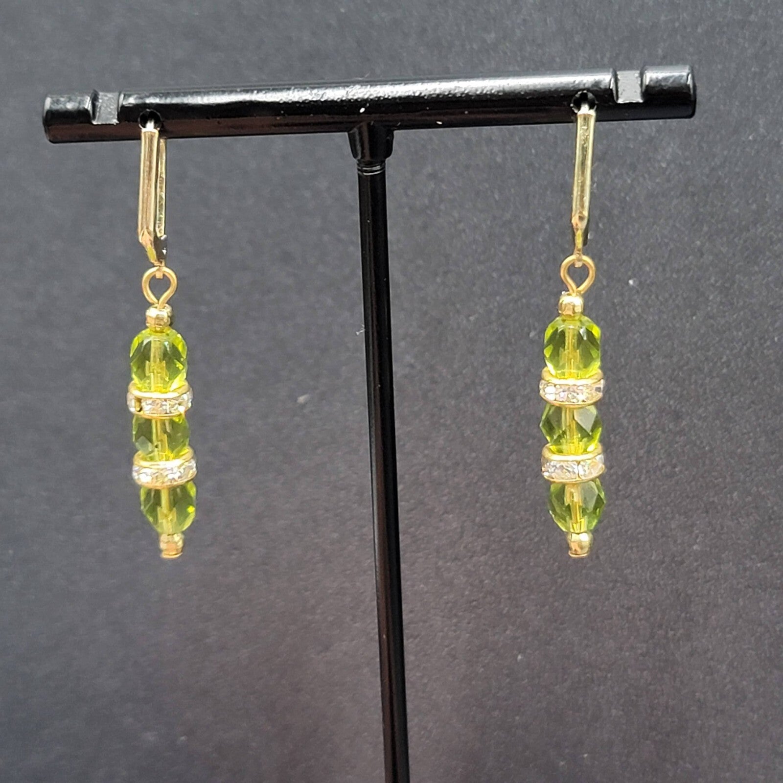Pierced Earrings Green Faceted Bead Rhinestone Spacers Dangle 1.25"