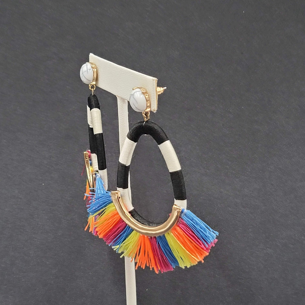 SugarFix Pierced Earrings Rainbow Black White Tassel Dangle Hoops 3"